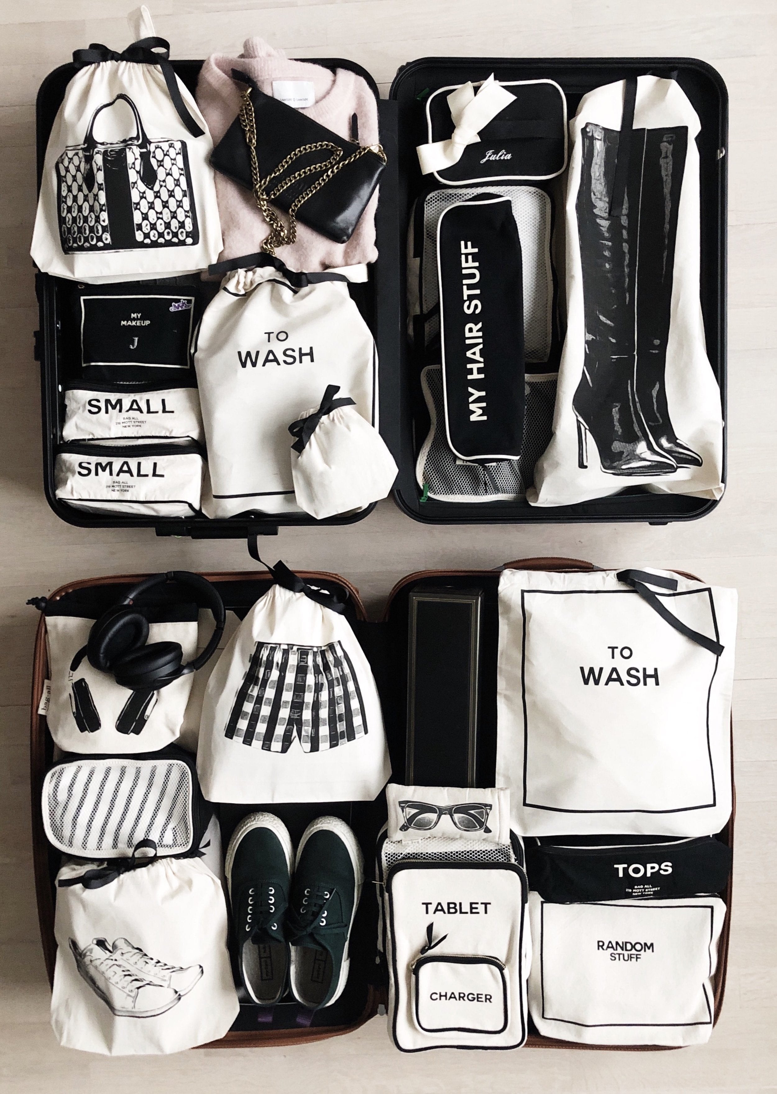 Bag-all To Wash Laundry Bag in cream - organized suitcase packing with labeled storage bags for clothes, shoes, and accessories, featuring drawstring closure and hanging handle