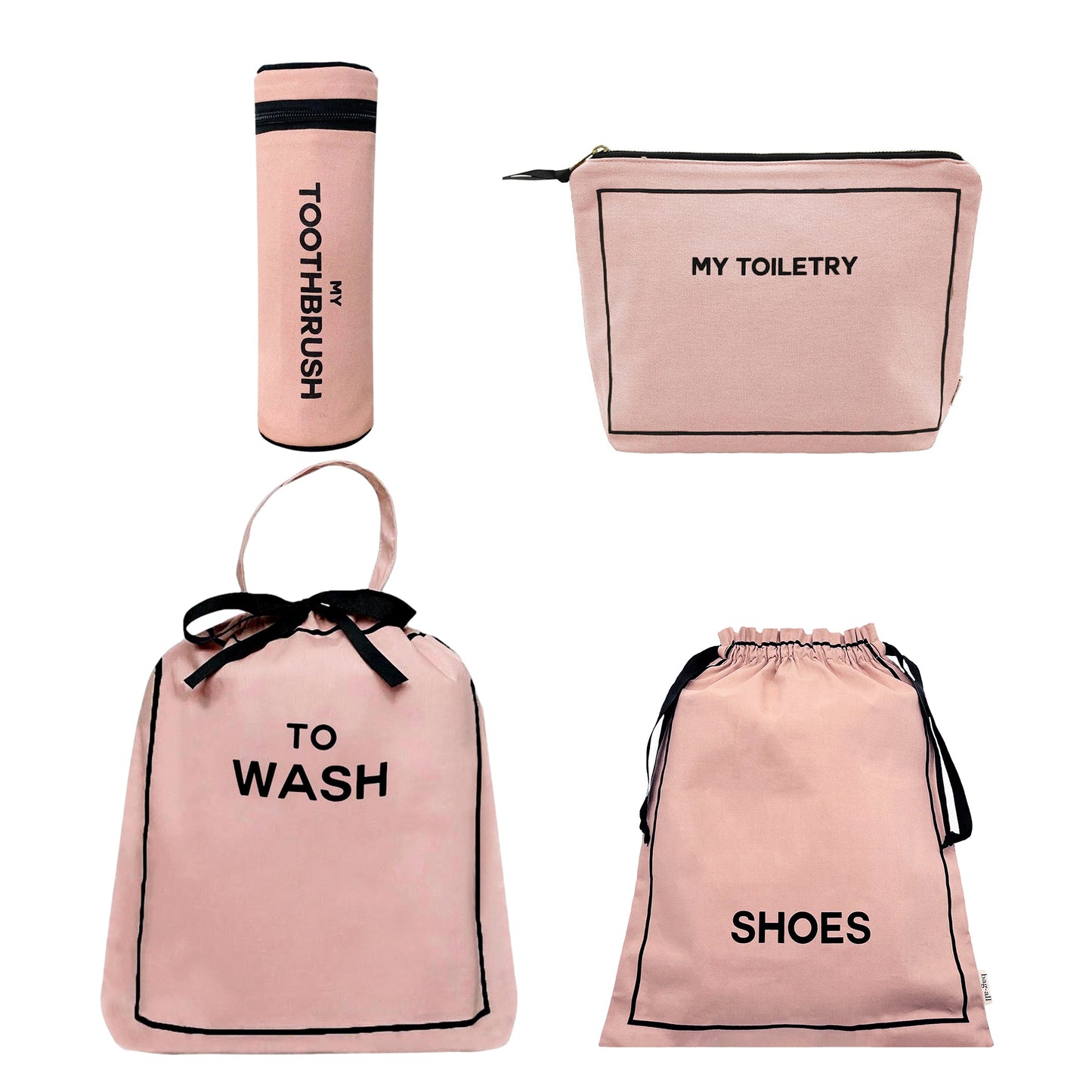 Bag-all Toiletry Travel Gift Set 4-Pack in pink featuring toothbrush case, toiletry pouch, wash bag, and shoe bag - cotton travel organizers for personal care items and accessories