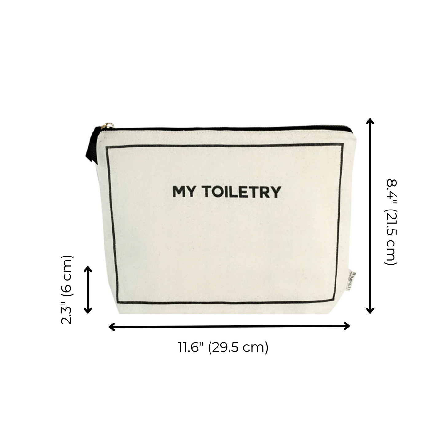 Bag-all Toiletry Pouch with Coated Lining in cream color, featuring 'My Toiletry' text, black trim details, zipper closure, and waterproof design, shown with dimensions: 11.6" x 8.4