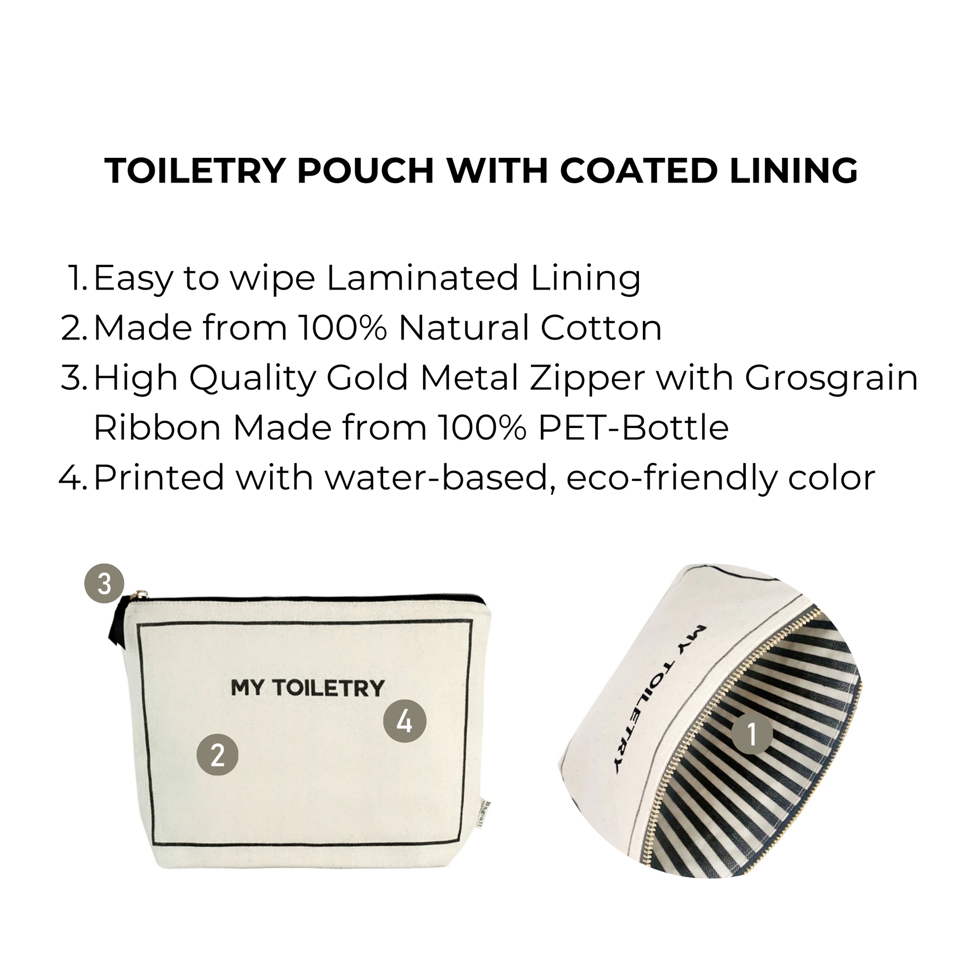 Bag-all Toiletry Pouch with Coated Lining in cream featuring eco-friendly cotton construction, waterproof laminated interior, gold zipper, and striped design for organized travel essentials