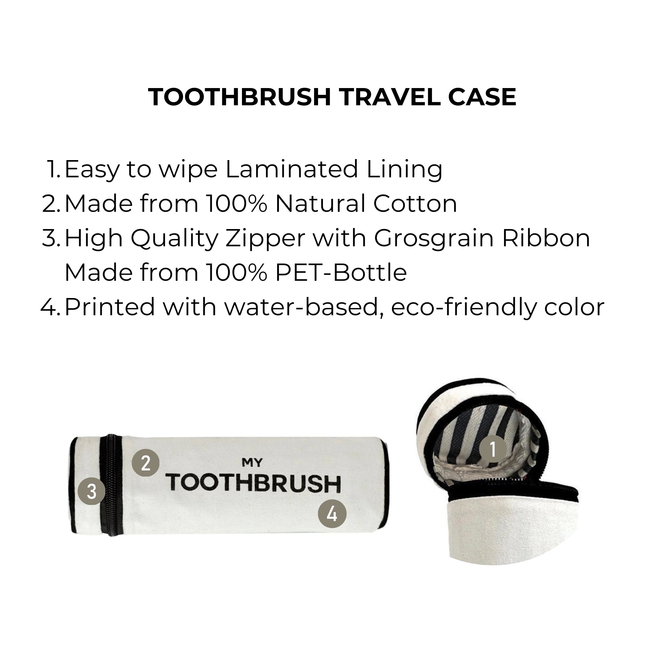 Bag-all Cream Toothbrush Travel Case featuring eco-friendly cotton construction, laminated lining, and PET-bottle zipper. Holds 5 toothbrushes, cylindrical design shown open and closed.