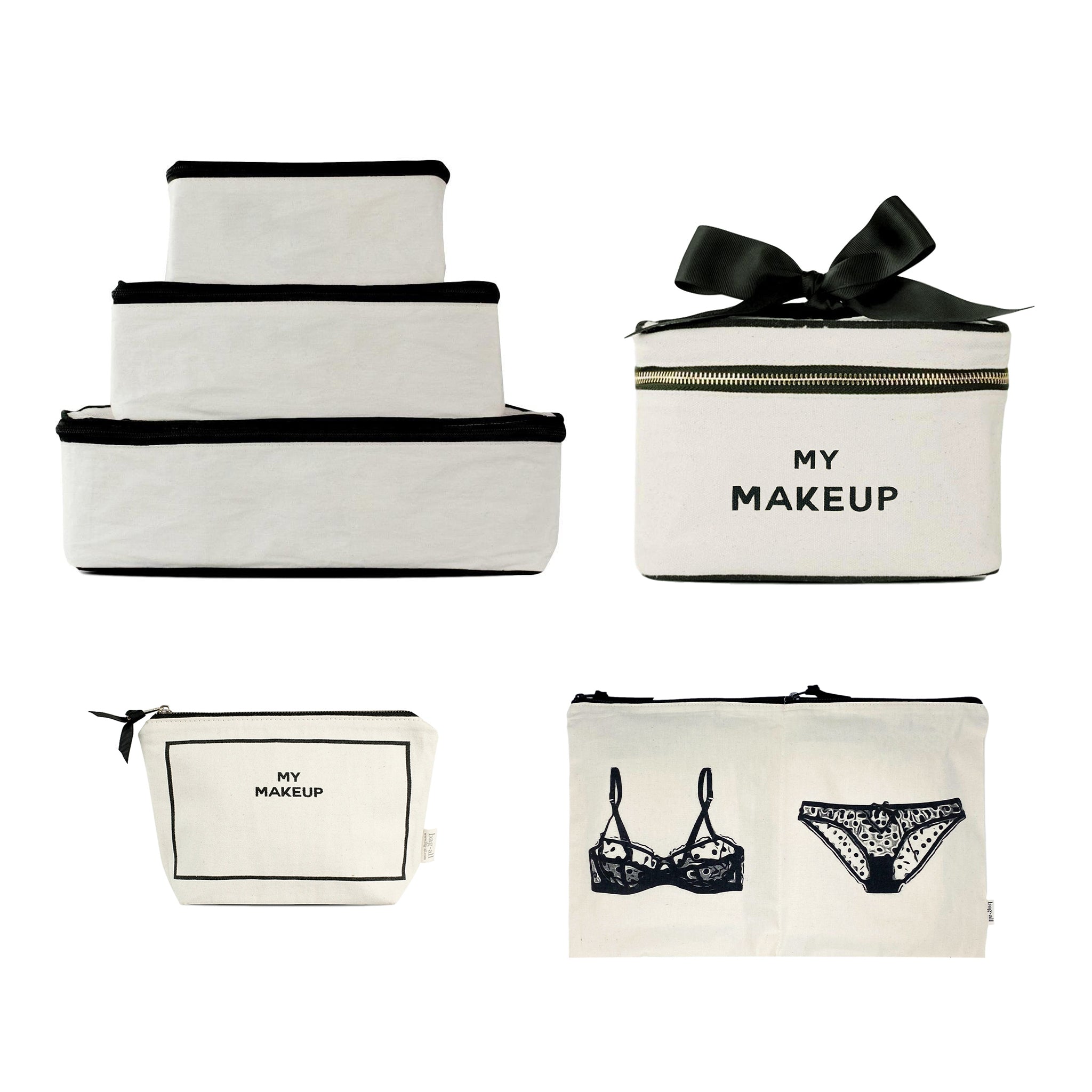 Bag-all Travel Glam 4-Pack with cream organizers including packing cubes, makeup and lingerie pouches in gallery one view