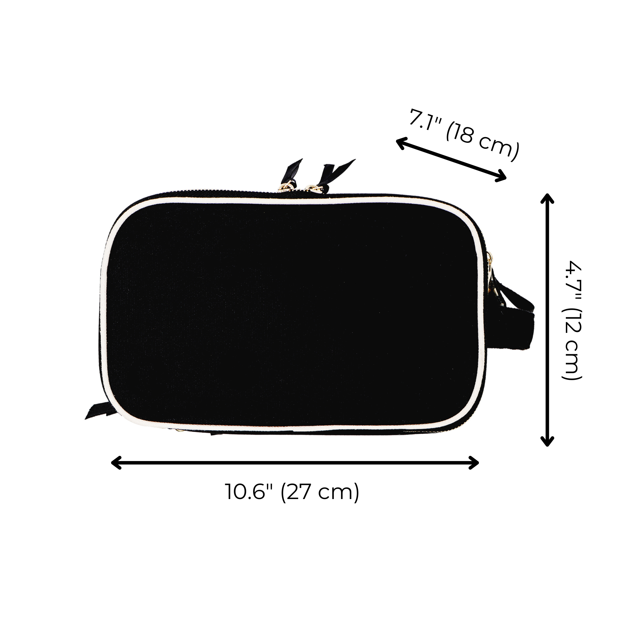 Black Triple Travel & Hobby Organizer by Bag-all with white trim, compact design, and dimensions for easy travel and storage.