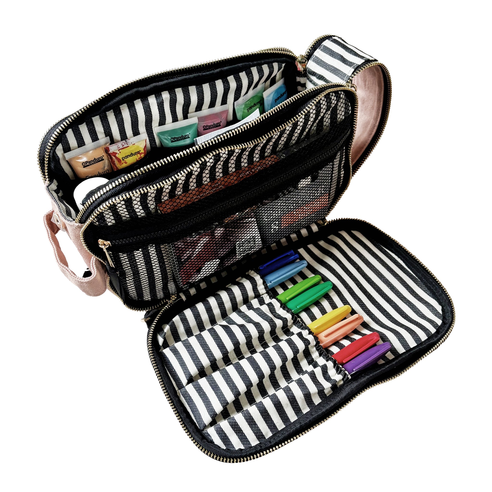 Bag-all Triple Travel & Hobby Organizer in pink blush with striped interior and multiple compartments for pens and supplies
