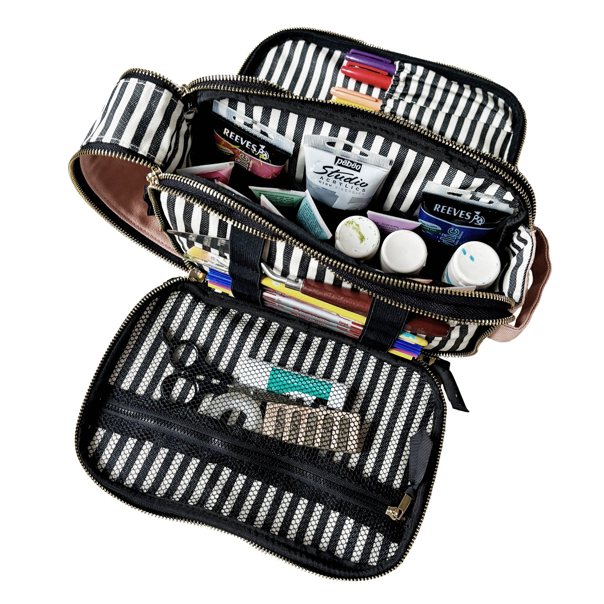Bag-all triple travel and hobby organizer in pink blush with striped interior and multiple compartments for easy storage
