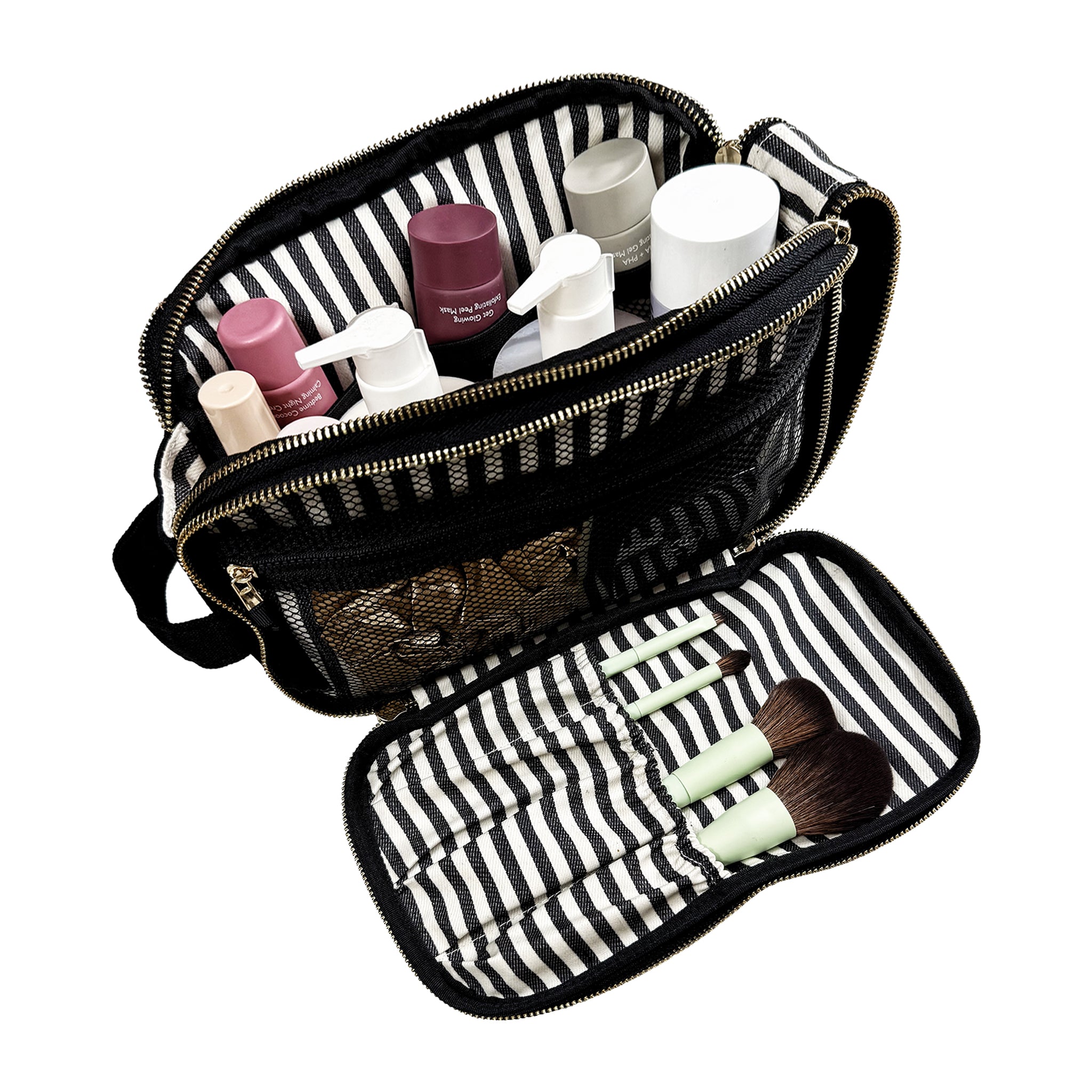 Bag-all triple beauty and toiletry organizer in black with striped interior and multiple compartments for brushes and bottles