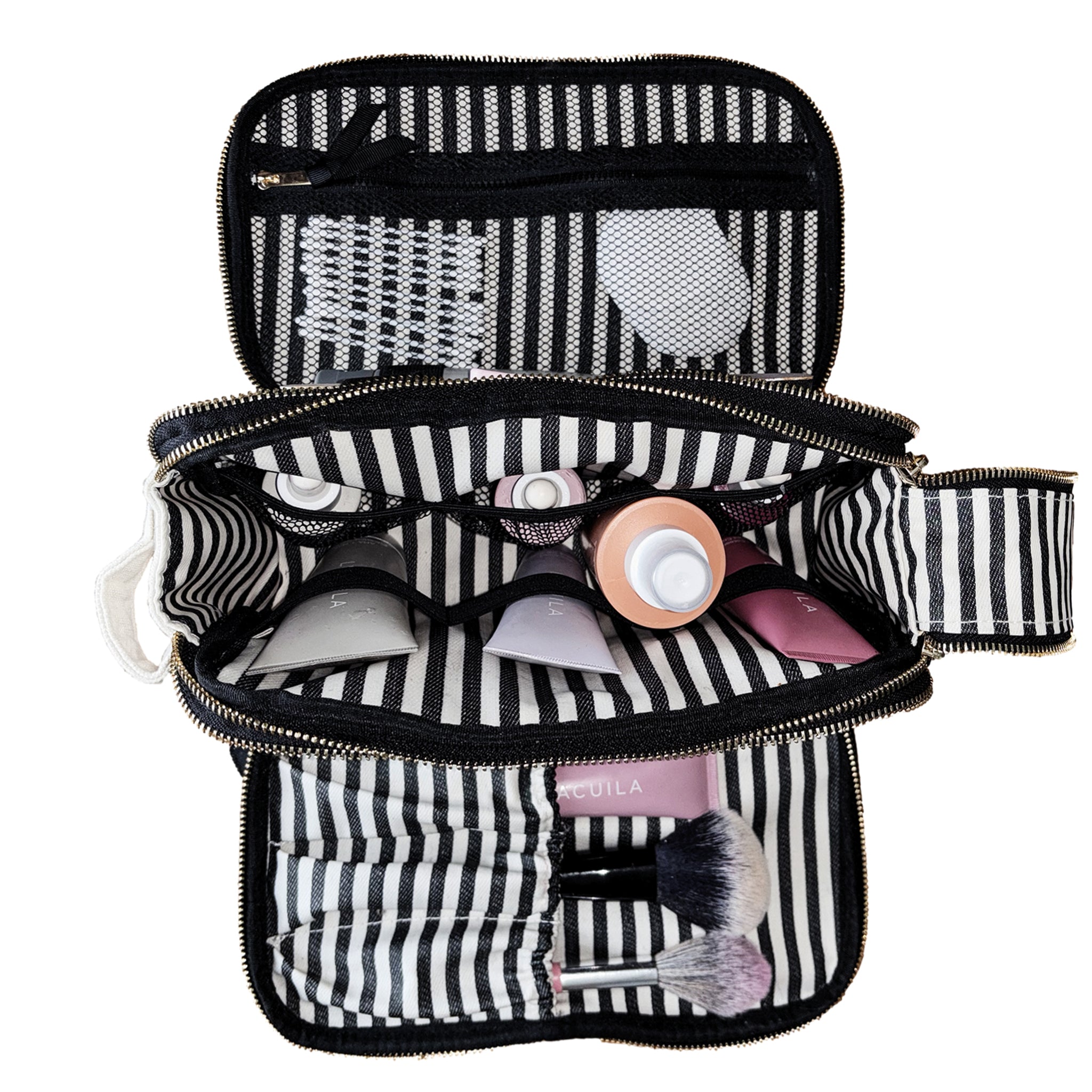 Bag-all cream triple beauty organizer with striped interior holding skincare bottles and makeup brushes compact and stylish