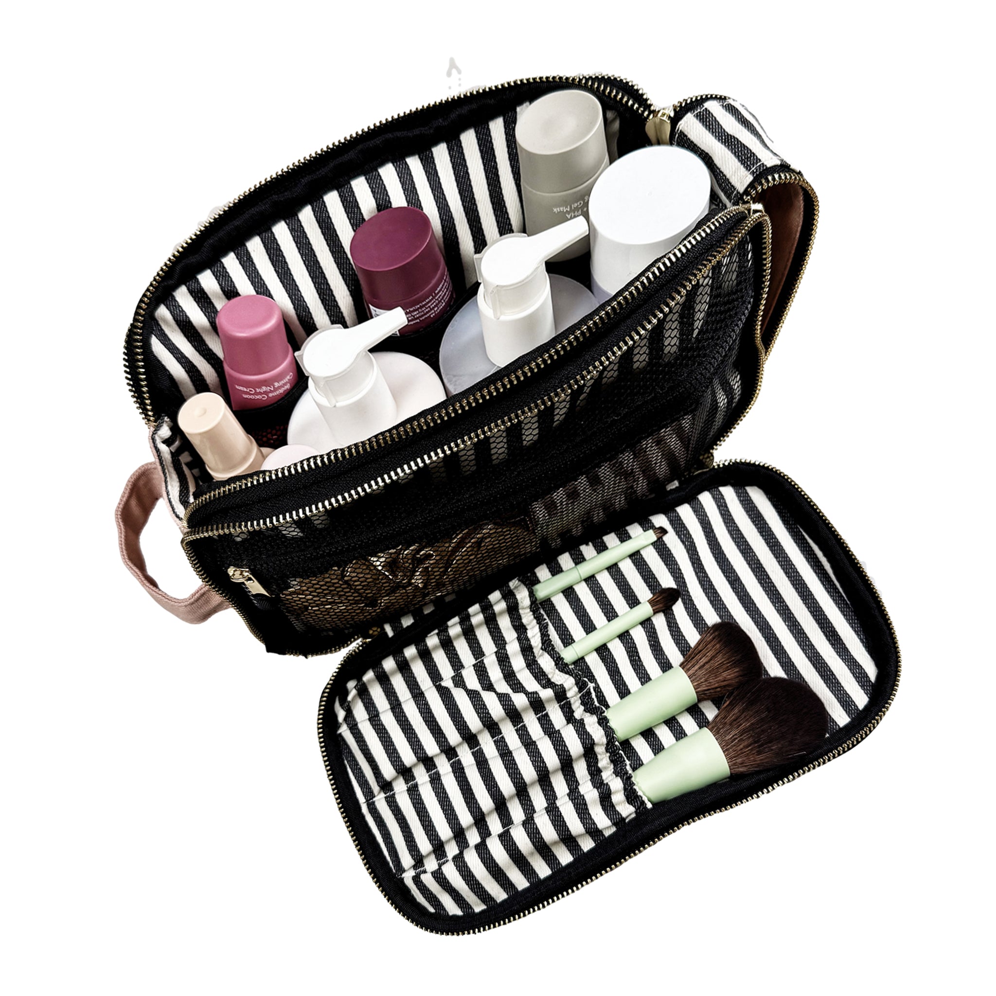 Compact Bag-all triple beauty organizer in pink blush with striped interior, perfect for toiletries and makeup brushes storage