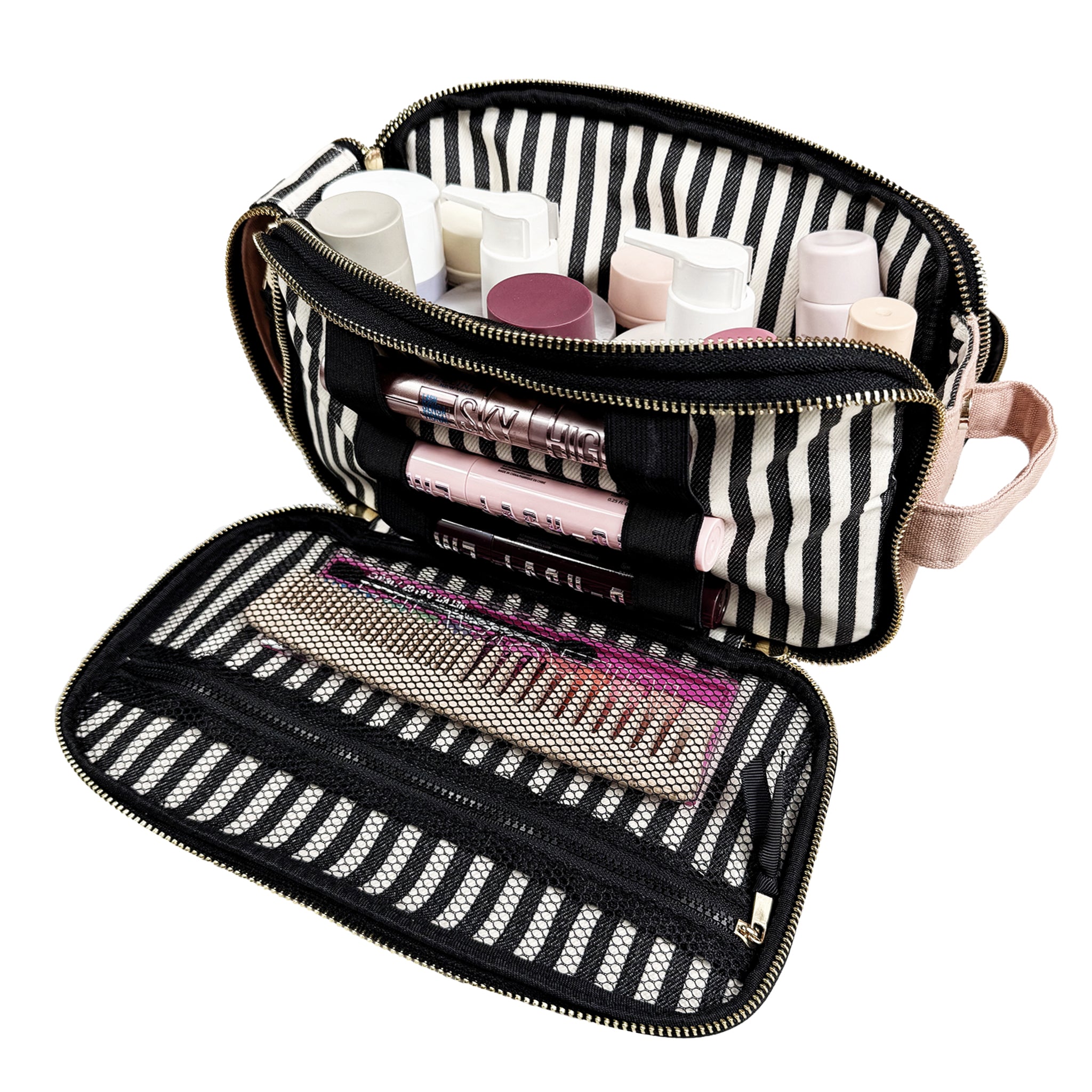 Bag-all striped beauty and toiletry organizer open showing compartments with makeup and skincare products
