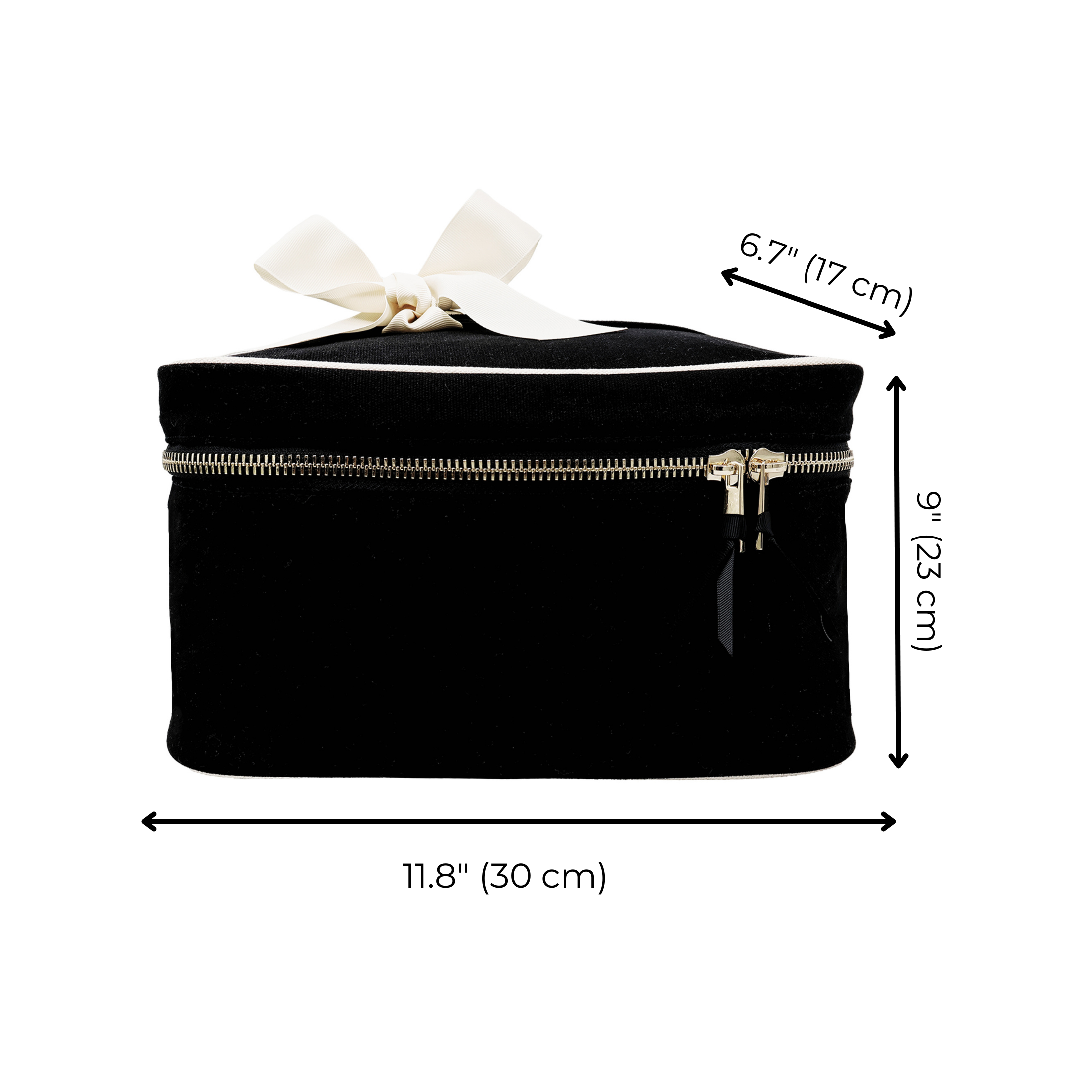 Black Vanity Case with Insert Organizer, makeup and toiletry storage, dimensions shown, stylish Bag-all design
