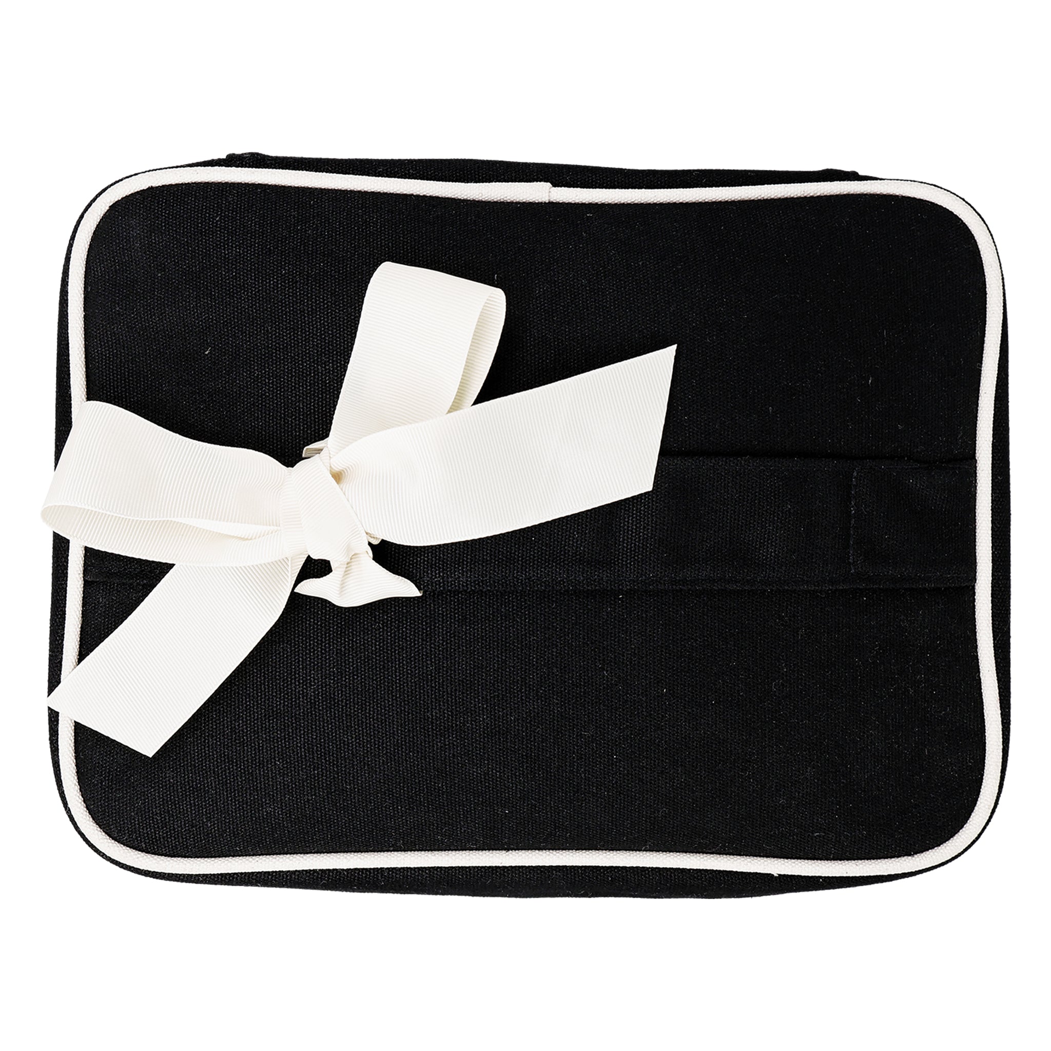 Black Vanity Case with white grosgrain bow by Bag-all featuring removable organizer insert, natural cotton, and wipeable lining