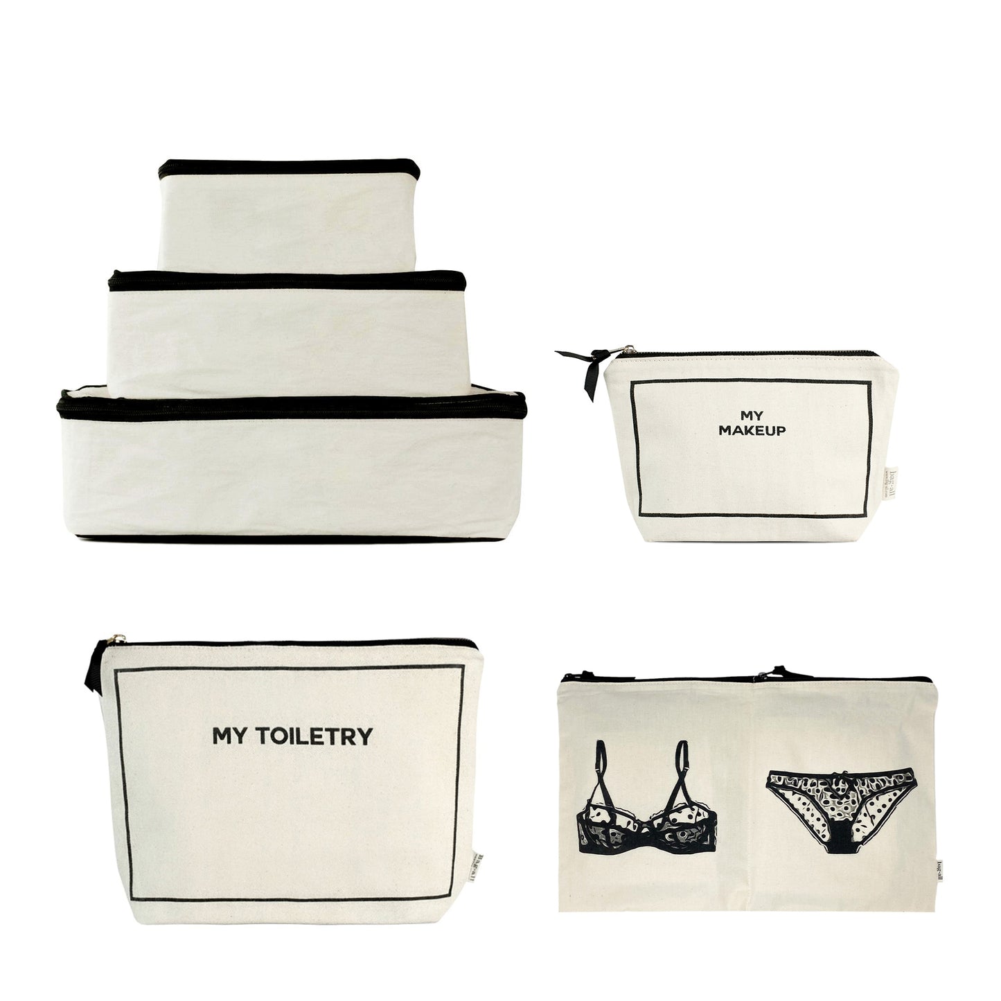 Cream Bag-all Weekend Essential Packing Set 4-pack with labeled toiletry, makeup, and lingerie bags in gallery position one