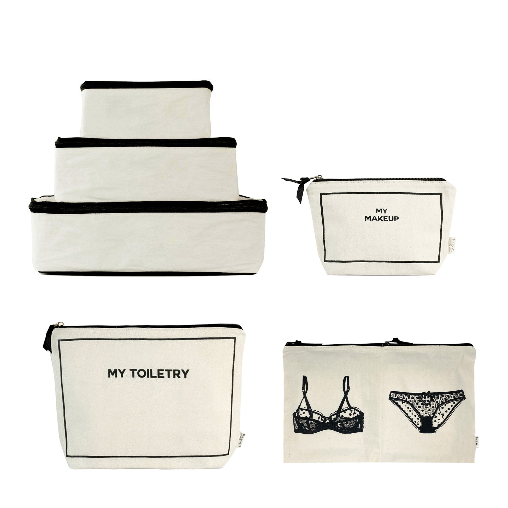 Cream Bag-all Weekend Essential Packing Set 4-pack with labeled toiletry, makeup, and lingerie bags in gallery position one