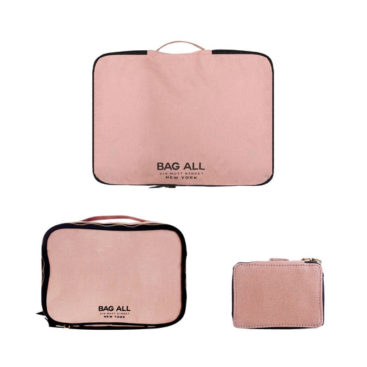 Bag-all Weekend Packing Set 3-Pack in Pink/Blush featuring large packing cube, multi-use case, and pill organizer. Cotton travel organizers with waterproof lining.