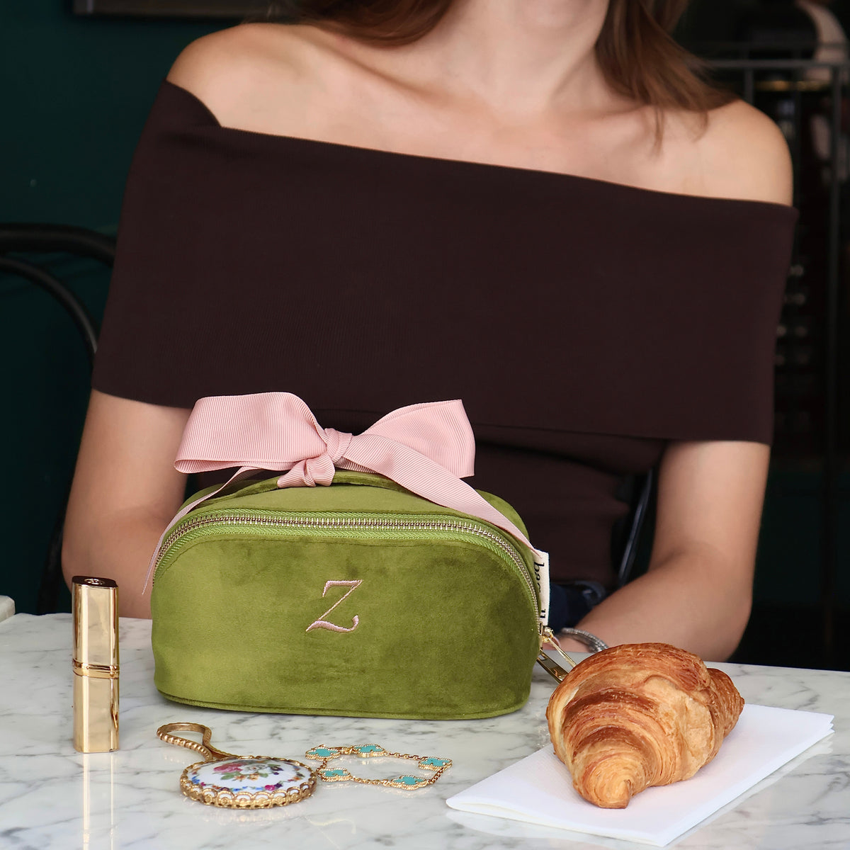 Petite trousse de maquillage accordéon – Éco-Velours – Matcha Green