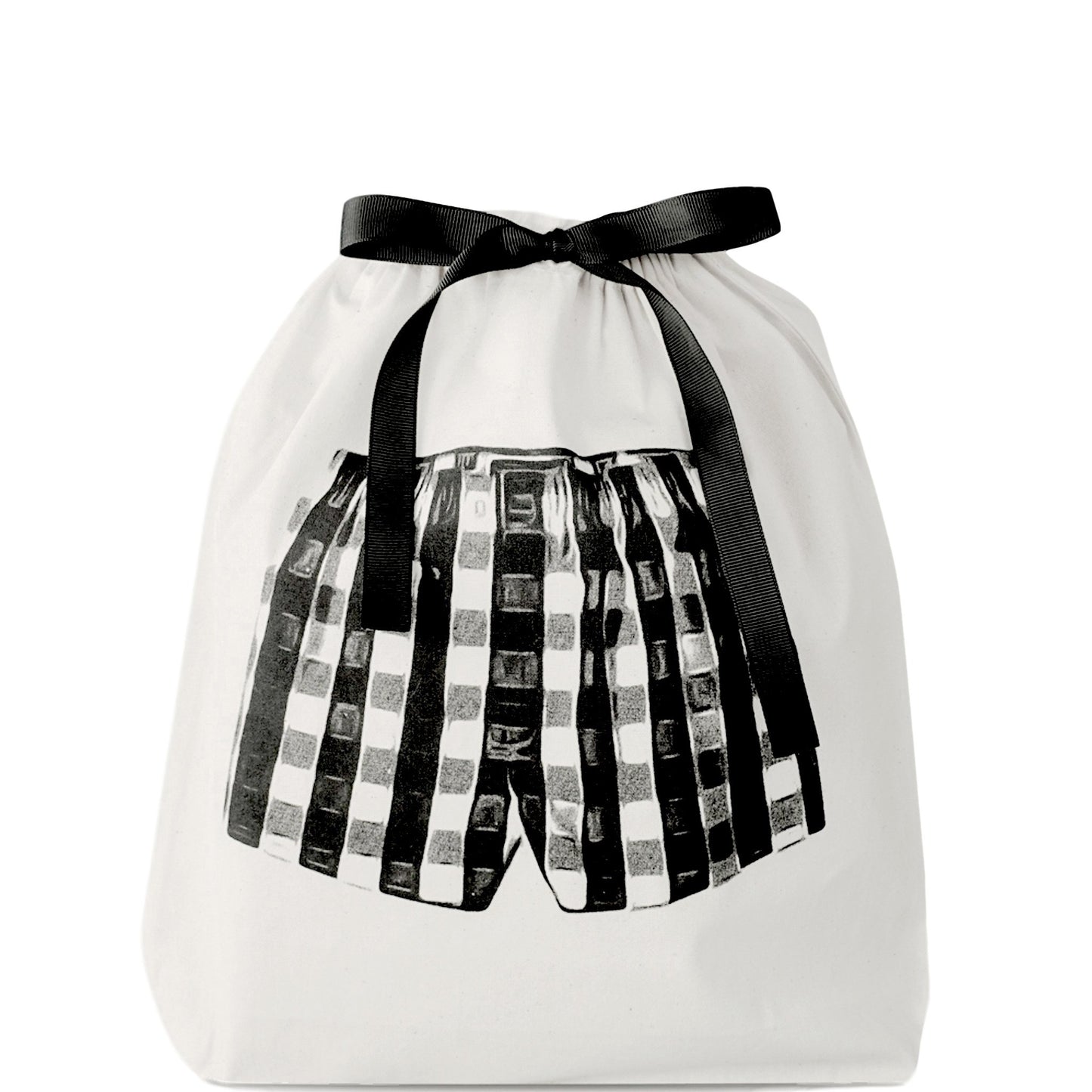 Bag-all cream drawstring shoe bag with black checkered shorts print and black ribbon closure for travel organization