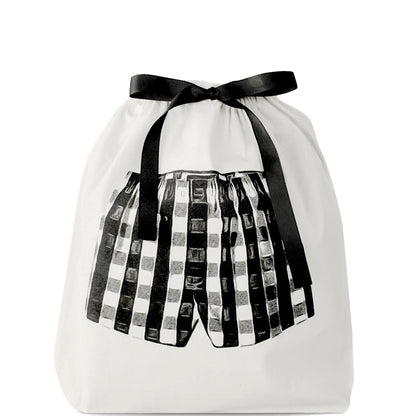 Bag-all cream drawstring shoe bag with black checkered shorts print and black ribbon closure for travel organization