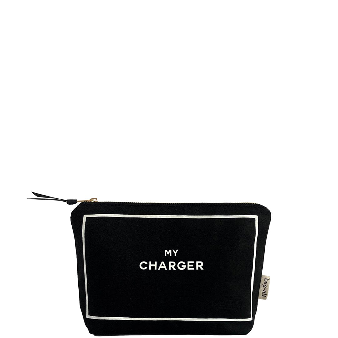 Bag-all Weekend Essential Packing Set black cotton charger pouch with white border and 'MY CHARGER' text, part of 4-piece travel organization set