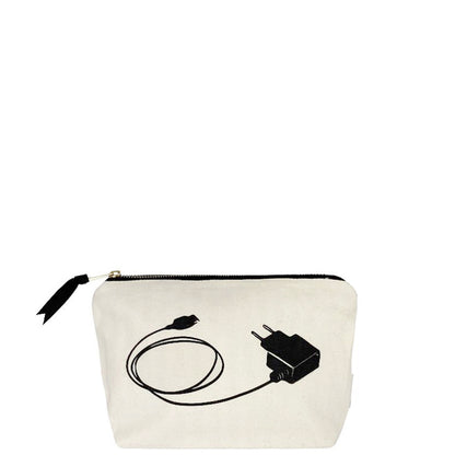 Bag-all cream travel tech organizer pouch with black zipper and cable charger print for everyday carry essentials
