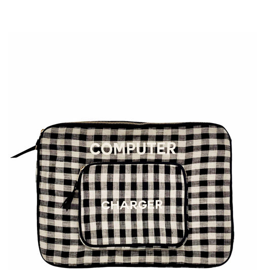 Bag-all 13" Gingham Laptop Case with Charger Pocket featuring black and white checkered pattern, padded interior, front accessory compartment, and gold-plated zipper for secure storage