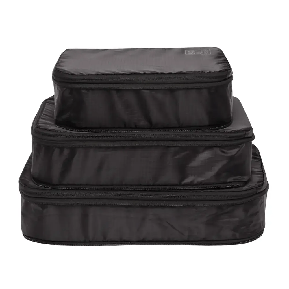 Bag-all recycled nylon compression packing cubes in black, set of 3 sizes, featuring eco-friendly material and space-saving design for organized travel storage
