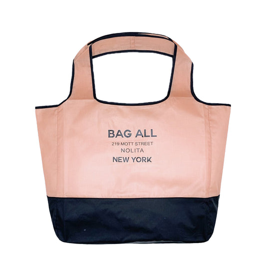 Bag-all Folding Shopping Bag with Zipper Pocket Pouch in pink and black nylon, featuring two-tone design and New York address print, eco-friendly reusable tote