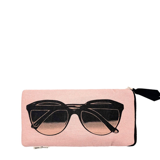 Bag-all Glasses Case with Outside Pocket in blush pink featuring black sunglasses print, gold zipper, and convenient storage pocket for eyewear protection and organization