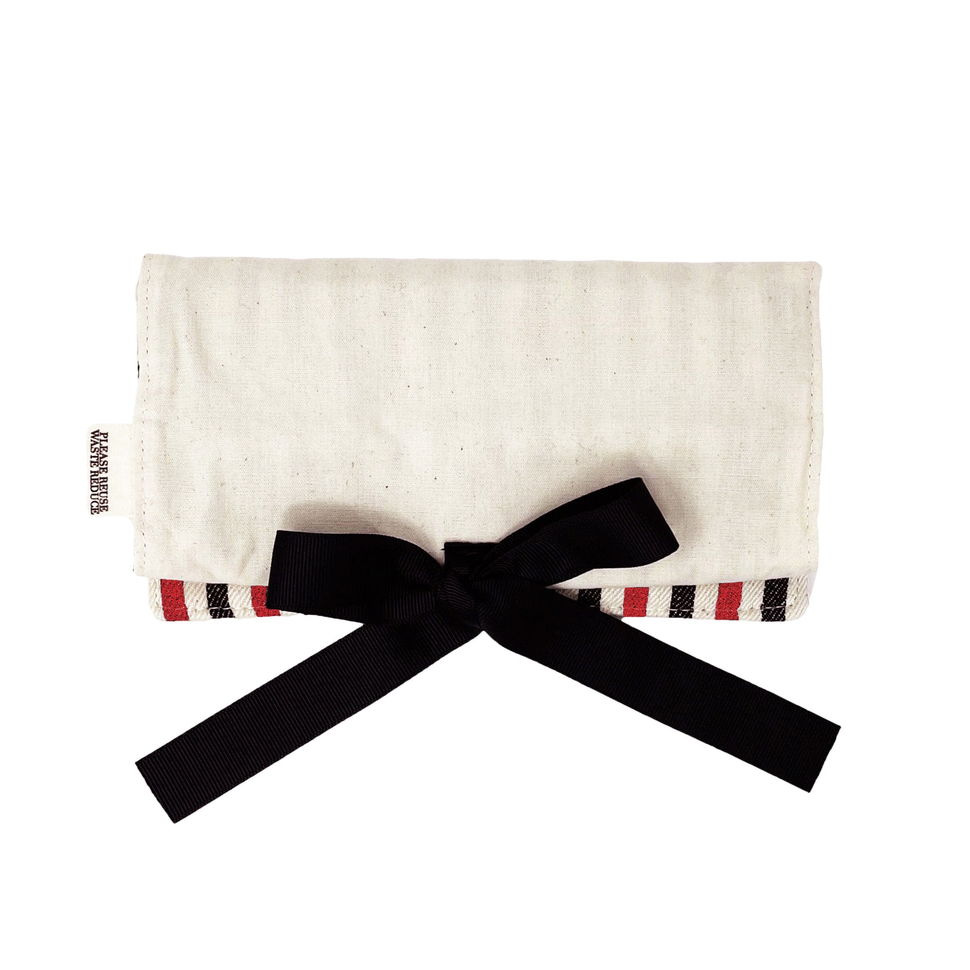 Bag-all Jewelry Organizer Travel Pouch in cream with black bow, featuring blue-red-white interior and multiple compartments for elegant jewelry storage and organization