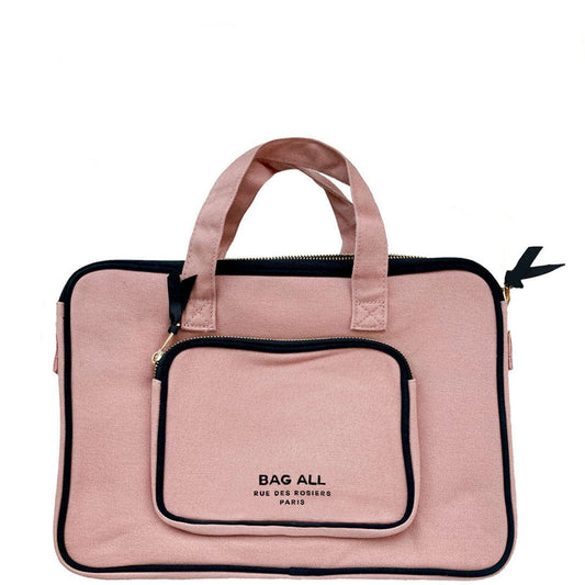 Bag-all 13" Laptop Case in blush pink cotton with charger pocket, protective padding and handles - stylish tech accessory for work and travel