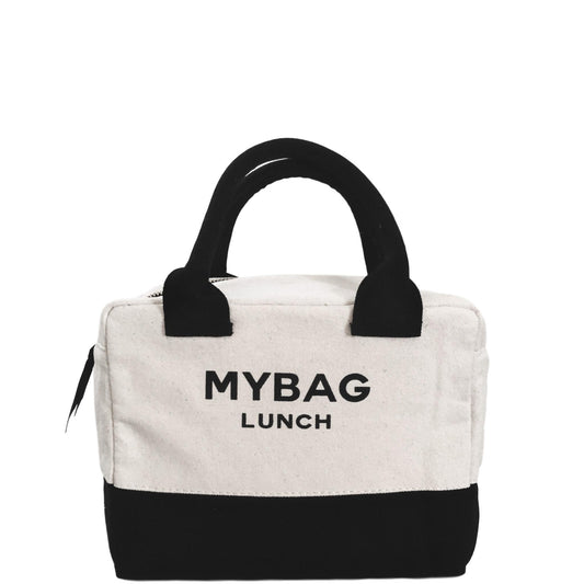 Bag-all Lunch Box Insulated in cream cotton with black accents, padded handle and zipper. Stylish insulated lunch carrier for keeping food and drinks at ideal temperature.