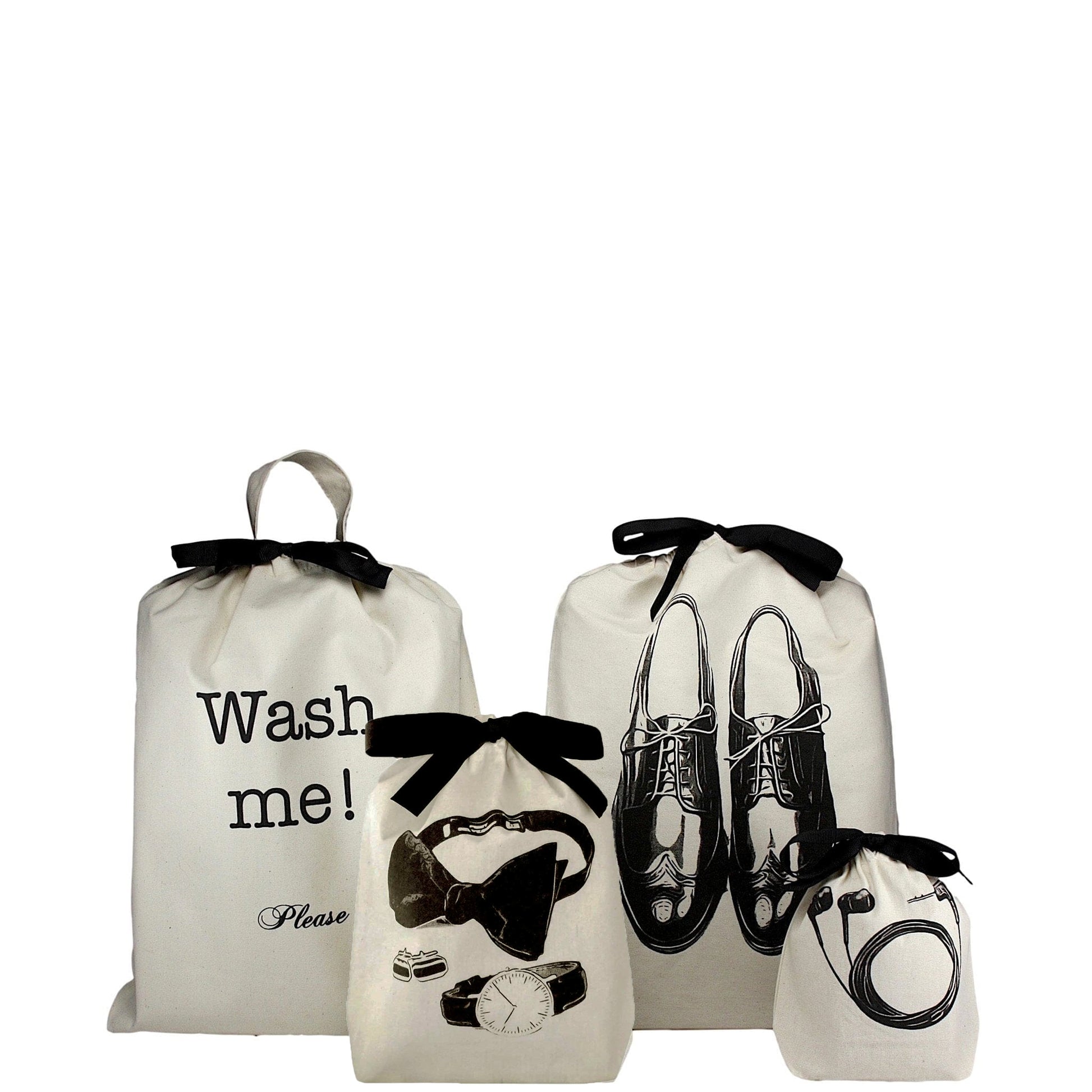 Bag-all Men's Travel Set 4-pack in Cream featuring laundry, shoe, charger, and earbuds organizer bags with stylish black bow details and custom illustrations