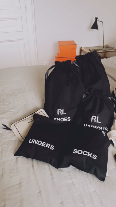 Bag-all BA Travel Set, 8-Pack in Black with personalized monogram ‘RL’. Includes shoe, various, unders, and socks pouches for organized travel