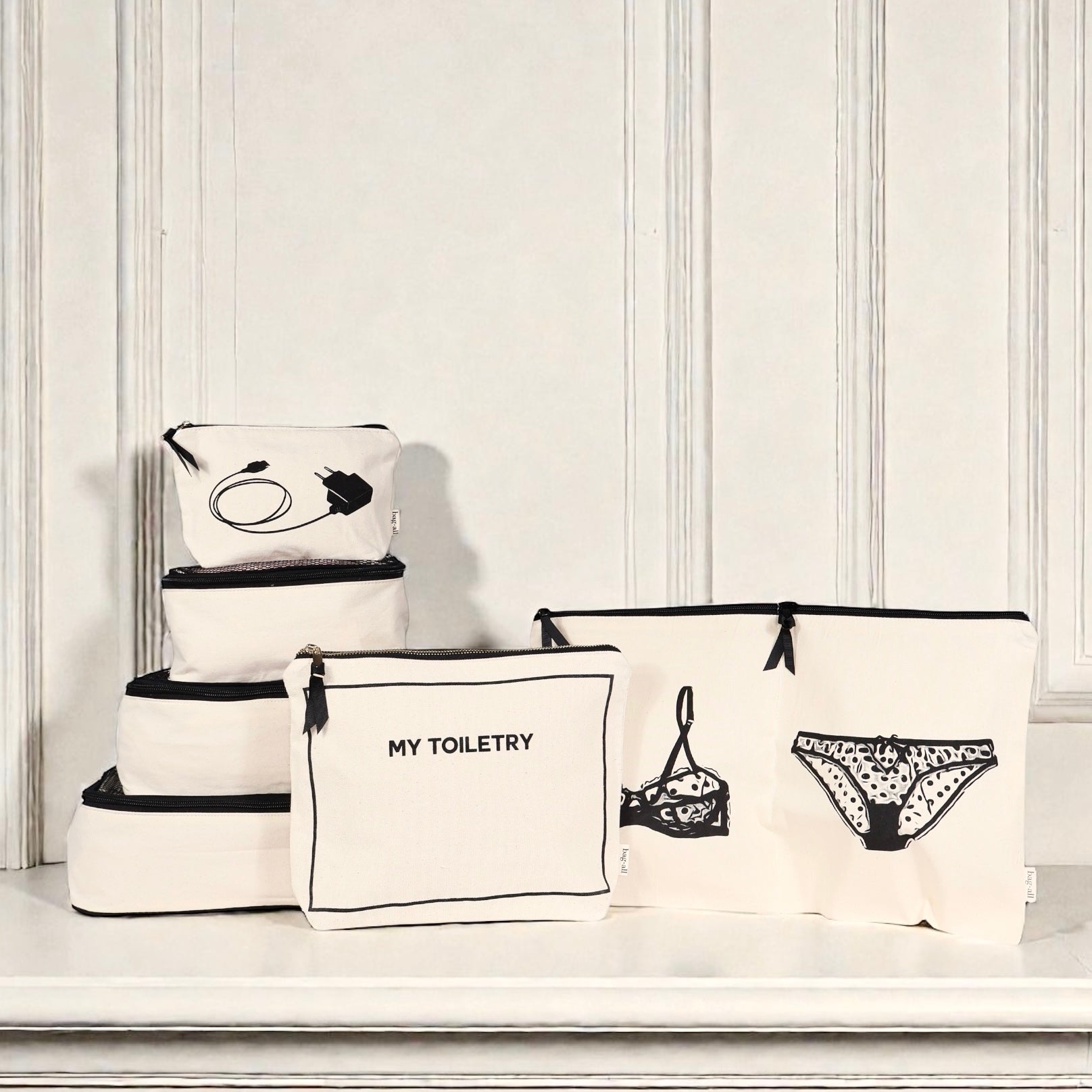 Cream Bag-all Weekend Essential Packing Set with cotton cubes and zipper pouches for organized travel and toiletry storage