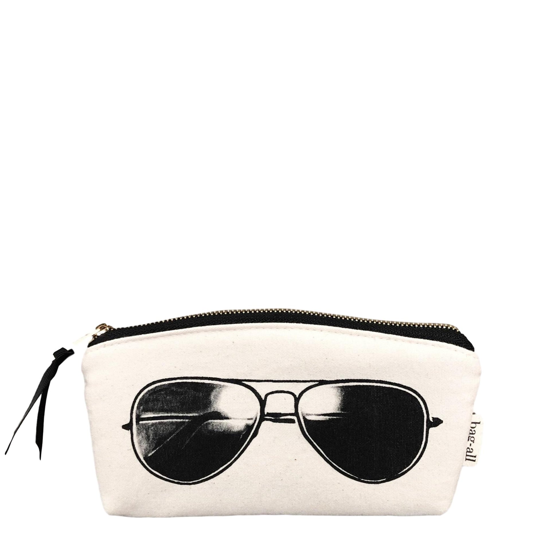 Bag-all Pilot Glasses Case in cream canvas with black aviator sunglasses print and gold zipper - stylish protective eyewear storage solution
