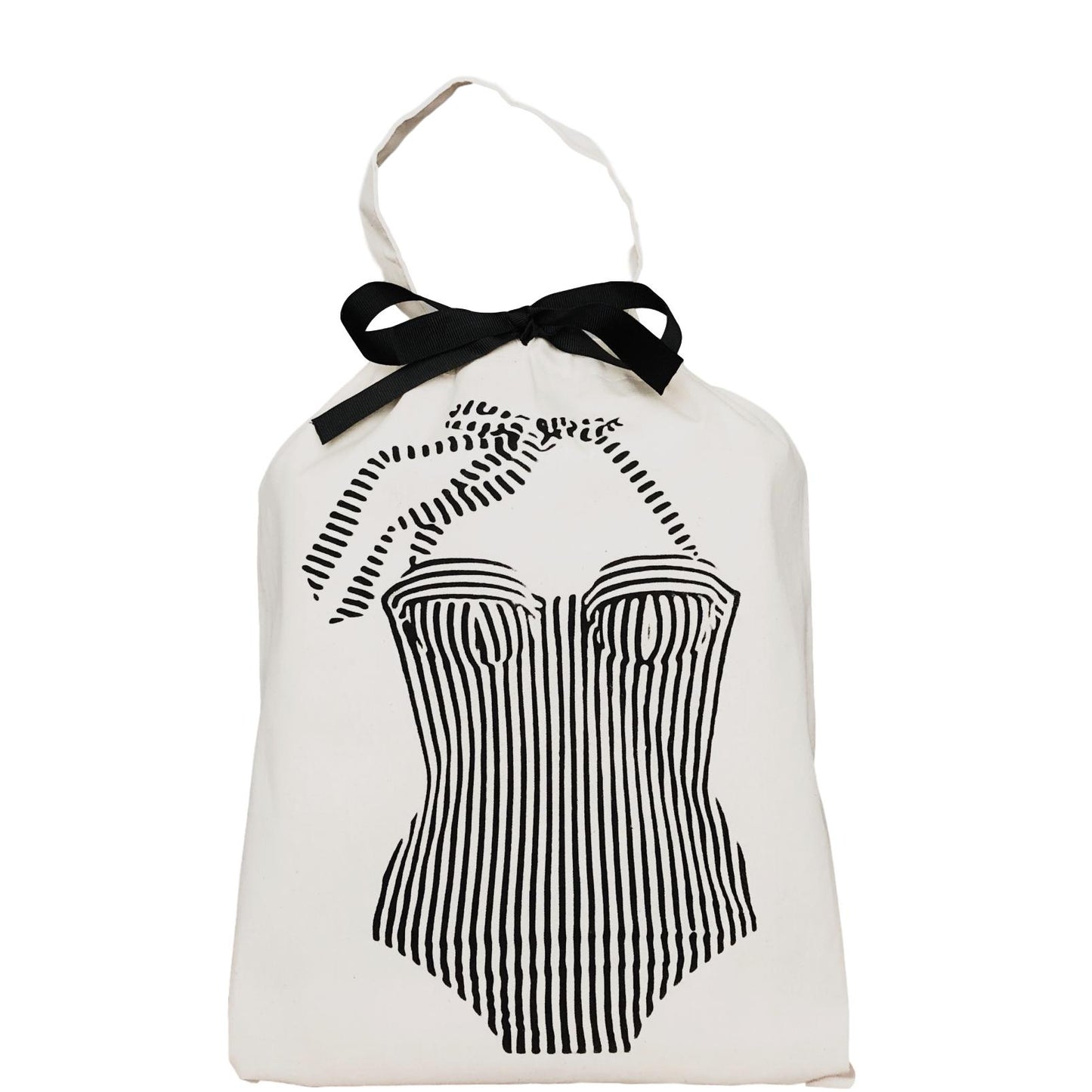 Bag-all vintage-inspired striped swimsuit organizer bag with black bow detail, featuring retro corset design in white cotton with black print