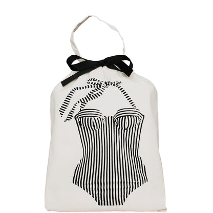 Bag-all vintage-inspired striped swimsuit organizer bag with black bow detail, featuring retro corset design in white cotton with black print