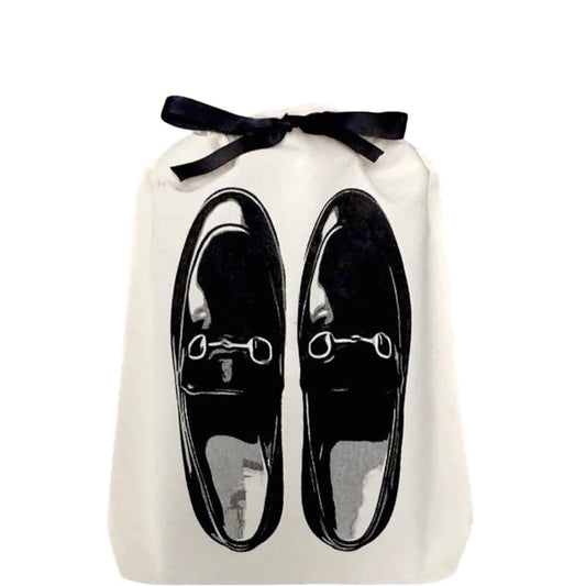 Bag-all Cream Loafers Moccasin Shoe Bag featuring black loafer print design with decorative bow closure, perfect for travel and closet organization