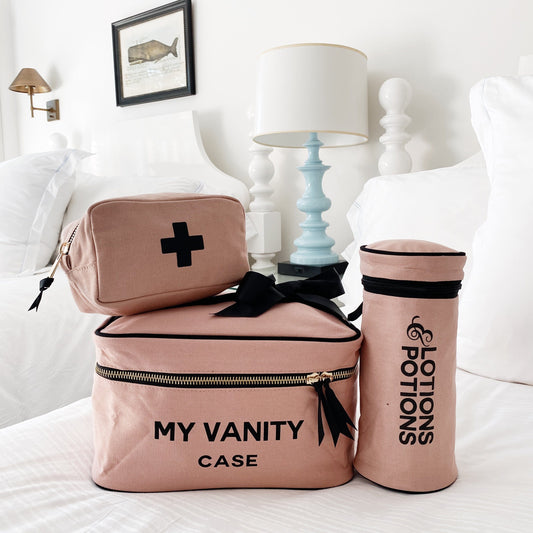 Bag-all My Vanity Case set in dusty pink with matching First Aid pouch and Lotions and Potions holder, stylish travel organization essentials for beauty products and cosmetics