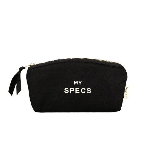 Bag-all Specs Glasses Case Black - Sleek cotton canvas eyewear protector with white 'MY SPECS' text, zipper closure, compact design for everyday use