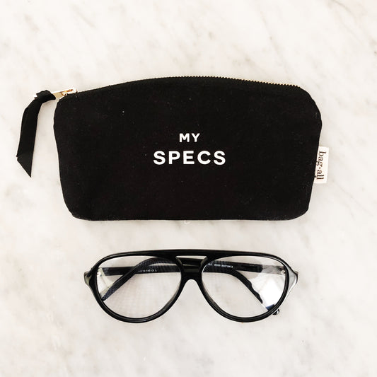 Bag-all Specs Glasses Case Black - stylish cotton canvas eyewear protection case with "MY SPECS" text in white, featuring secure zipper closure and compact design