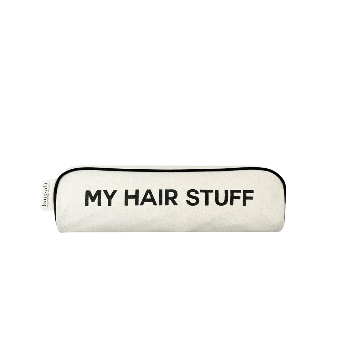 Étui à accessoires pour cheveux en blanc avec "my hair stuff" imprimé sur le devant.