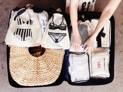 Bag-all organizing bags with lingerie prints displayed in an open suitcase alongside a stylish straw beach bag, showcasing travel-ready storage solutions