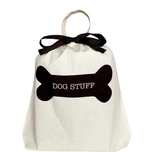 Bag-all Dog Stuff Bag in cream cotton with black bone design and ribbon, perfect for organizing pet essentials and customizable with dog's name