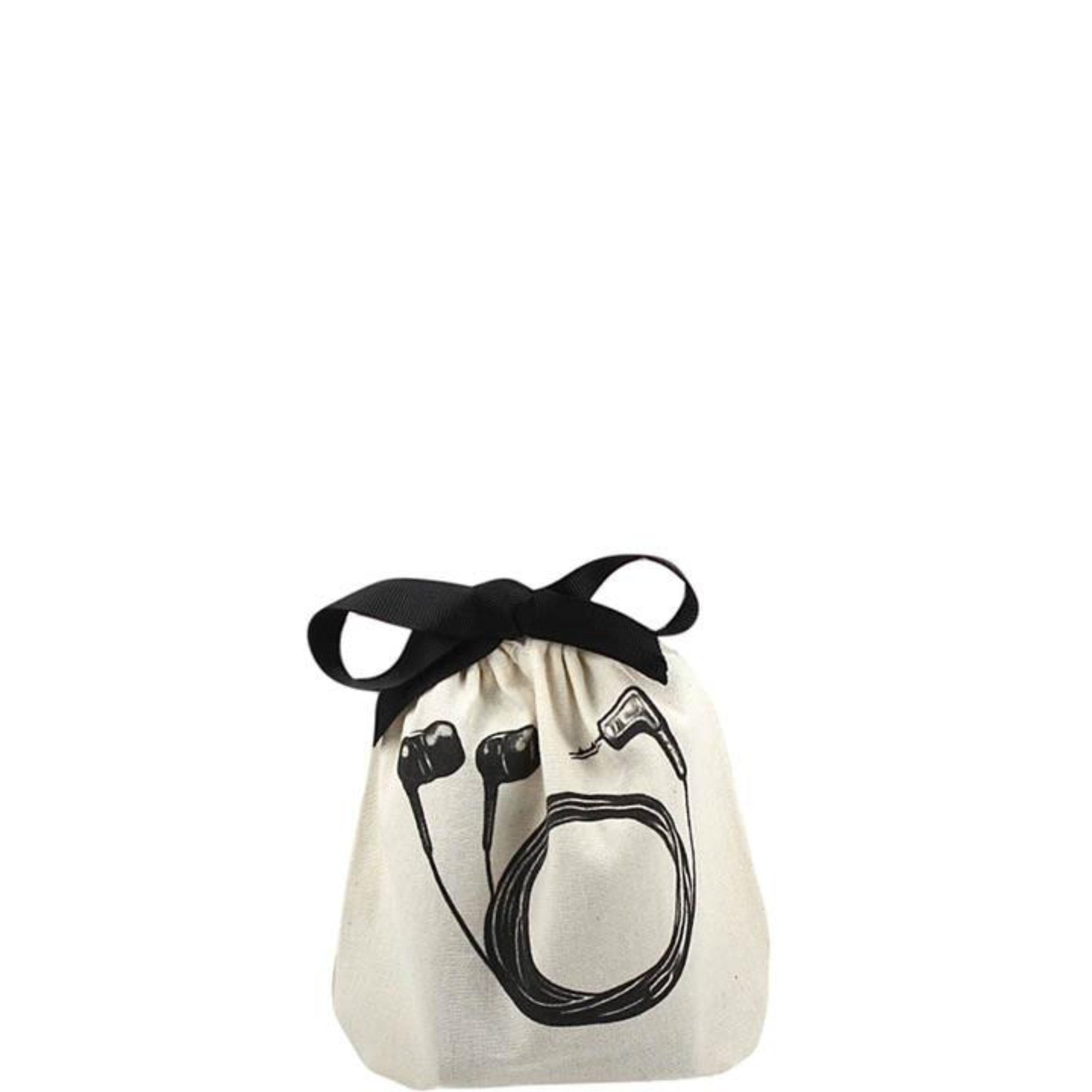 Bag-all Men's Travel Set 4-pack Cream featuring earbuds organizer bag with black ribbon drawstring and earphone print design on natural cotton fabric