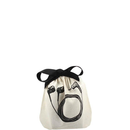 Bag-all Men's Travel Set 4-pack Cream featuring earbuds organizer bag with black ribbon drawstring and earphone print design on natural cotton fabric