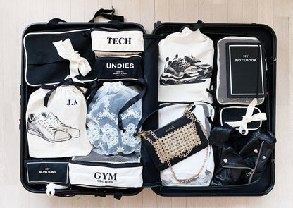 Une valise pleine de sacs de voyage, y compris mon cahier, mon sac en rotin et plus encore.