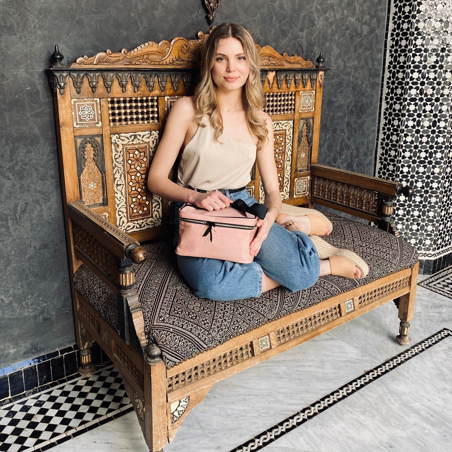 Bag-all Medium Box Makeup & Toiletry in Pink/Blush features a stylish cotton case with black and white striped laminated interior, metal zipper, and detachable bow. Perfect for organizing beauty essentials at home or travel.