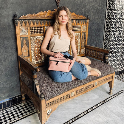 Bag-all Medium Box Makeup & Toiletry in Pink/Blush features a stylish cotton case with black and white striped laminated interior, metal zipper, and detachable bow. Perfect for organizing beauty essentials at home or travel.