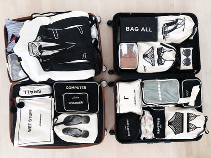 Bag-all organizing travel bags showing Men's Suit Garment Bag in cream with pocket, neatly packed suitcase with compartments for accessories, shoes, and clothing items arranged in labeled sections