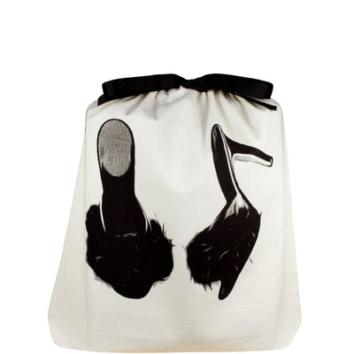 Bag-all Feather Slippers Shoe Bag in cream cotton with black heel print design, featuring drawstring closure and space for two pairs of slippers or flats